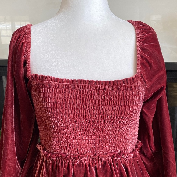 Free People Velvet Smocked Tunic Dress Wine Red Size S Dark Academia - Picture 4 of 14